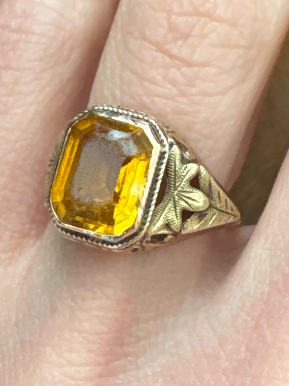 10K Yellow & Green Gold Filigree Ring art deco Orange Stone Vintage Size 5 - Picture 7 of 15
